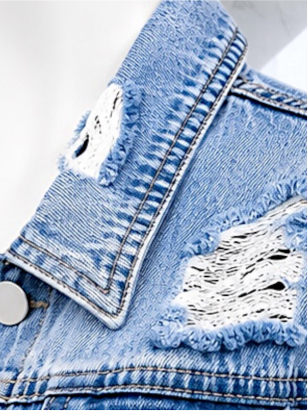 Distressed Blue Ripped Button-Up Denim Jacket – Size 8 - Picture 7 of 12